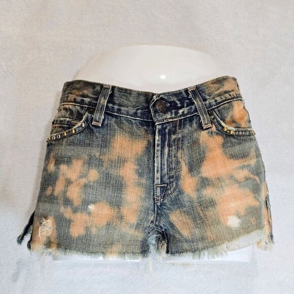 7 For All Mankind Designer Denim Cutoff Shorts – Blue Raw Hem Mid Rise Sz 25 - Picture 2 of 14